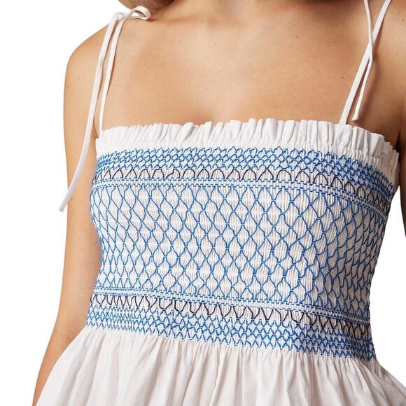 NWT J.Crew White Smocked Peplum Top XS Tie-Strap Blue Embroidery Poplin - Picture 3 of 8